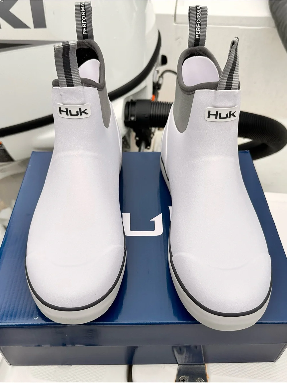 Huk White and Gray Slip-On Deck Boots